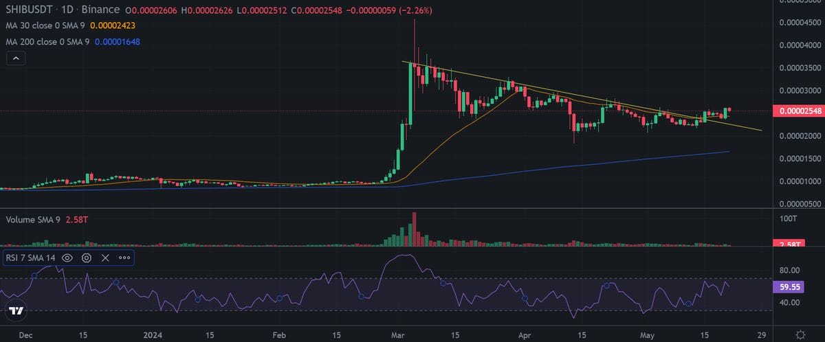 Shiba Inu (SHIB) 24-hour chart with technical analysis. Source: Binance.