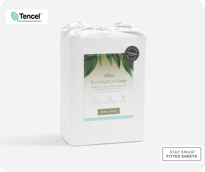 Our White Eucalyptus Luxe Sheet Set shown in its packaging on a white background with the TENCEL™ logo.