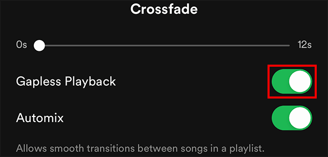Spotify playback settings screenshot, Gapless Playback is highlighted in red
