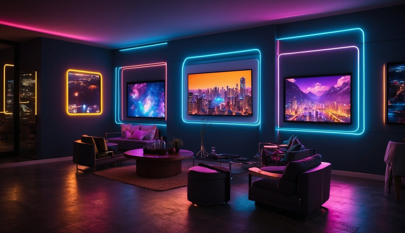 A room with LED neon lights, creating a vibrant and colorful atmosphere. The lights are strategically placed to illuminate the space, adding a modern and stylish touch to the room's decor