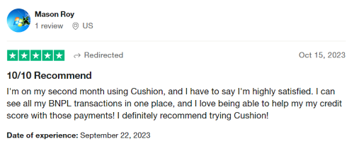 A glowing Cushion App review from a customer who is “highly satisfied.” 