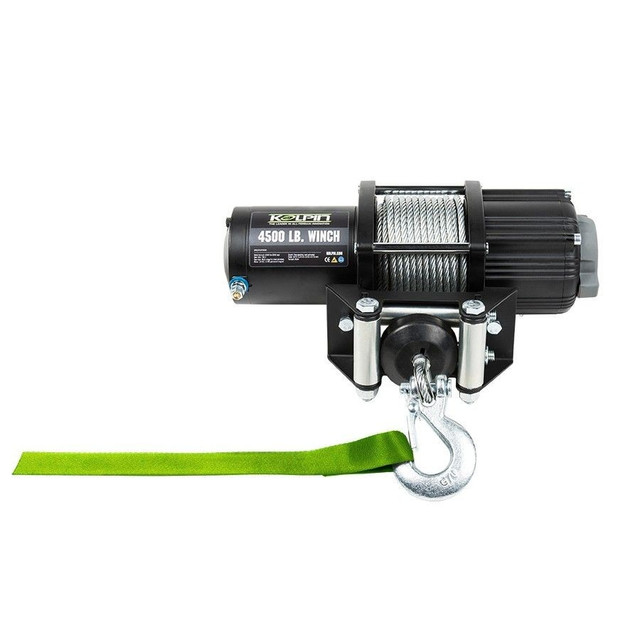 An image of a Kolpin 4500 lb winch, uninstalled and against a blank background