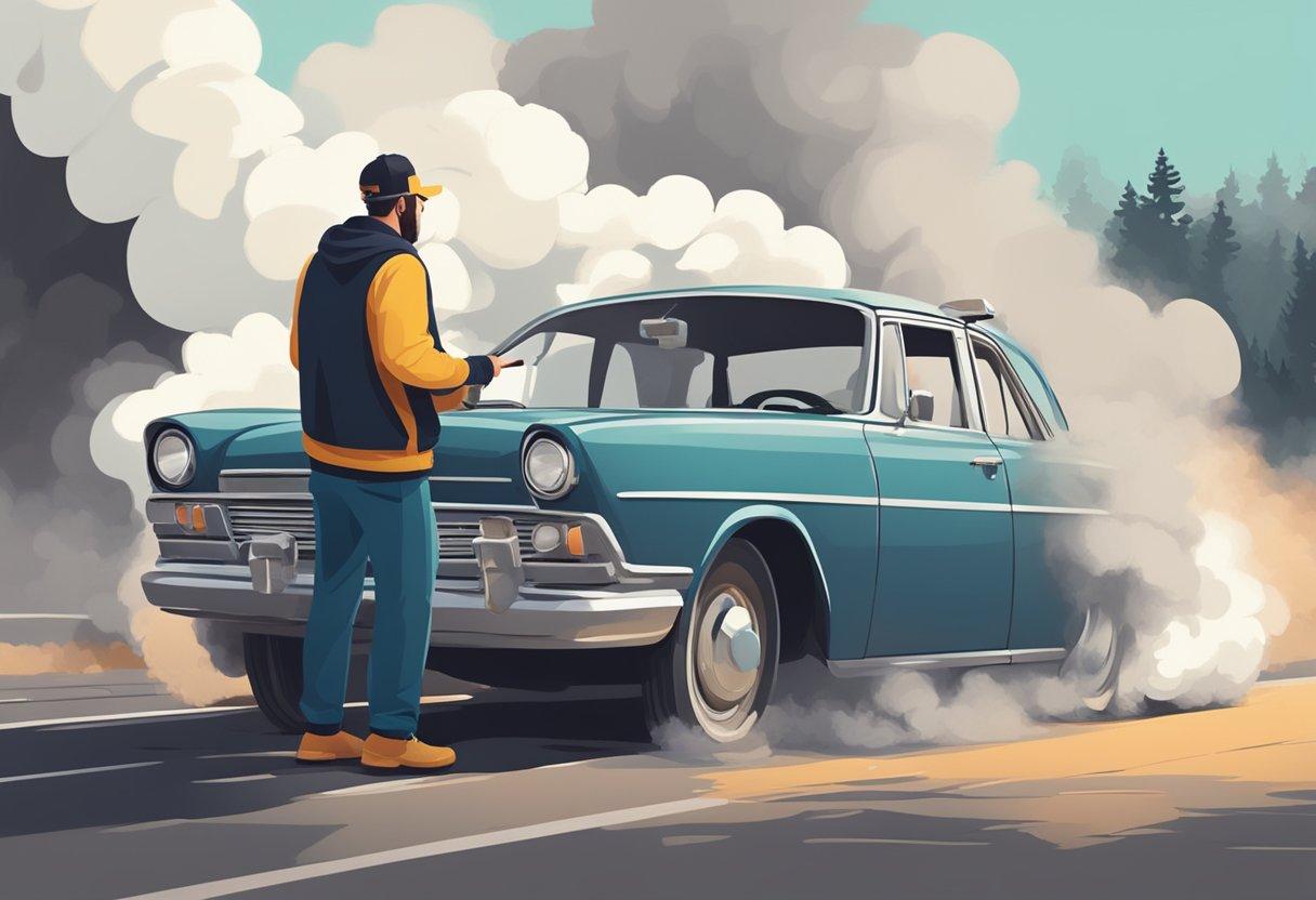 A person standing next to a car with smoke coming out of it

Description automatically generated