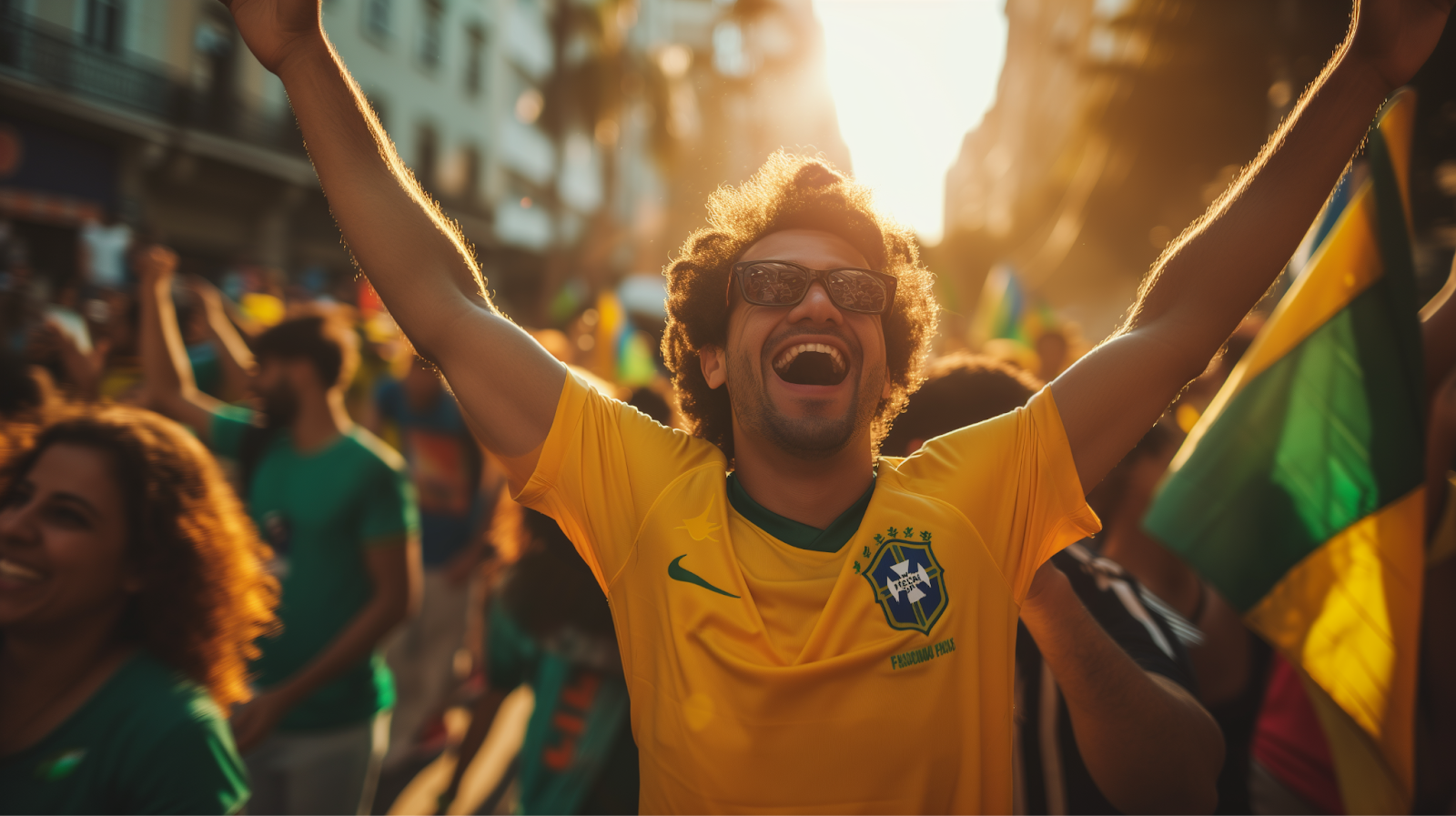 Football fans celebrating in FIFA World Cup city Rio de Janeiro's streets.