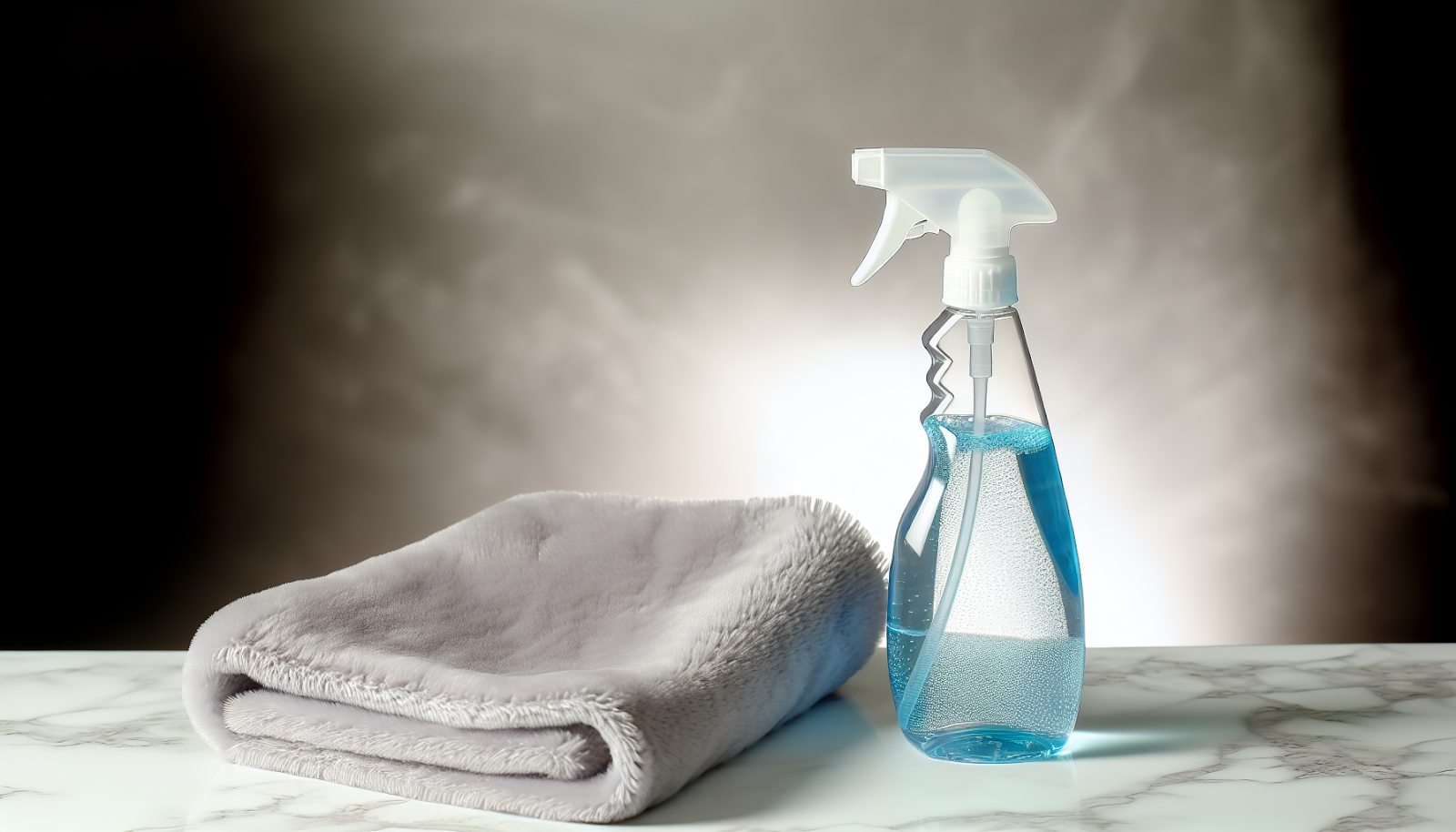A spray bottle and microfiber cloth for cleaning glass shower doors