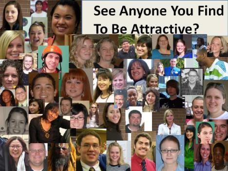 External image of around 50 pictures of peoples faces with the text saying “See anyone you find attractive?”