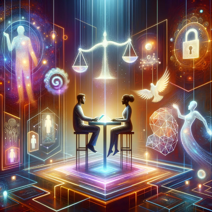 Two people sitting at a table. Holographic digital pictures float around  them. The largest hologram is of a set of scales.