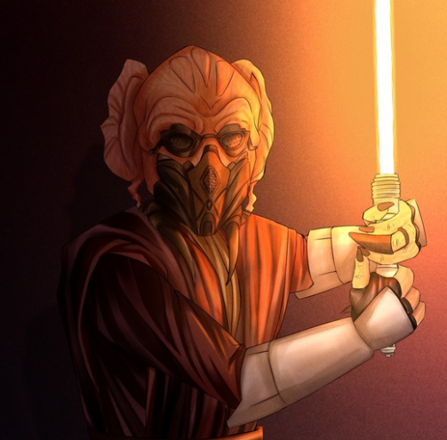 Master Plo Koon holding Orange Lightsaber