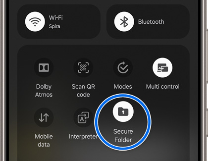 Secure Folder icon highlighted on the Quick Settings panel