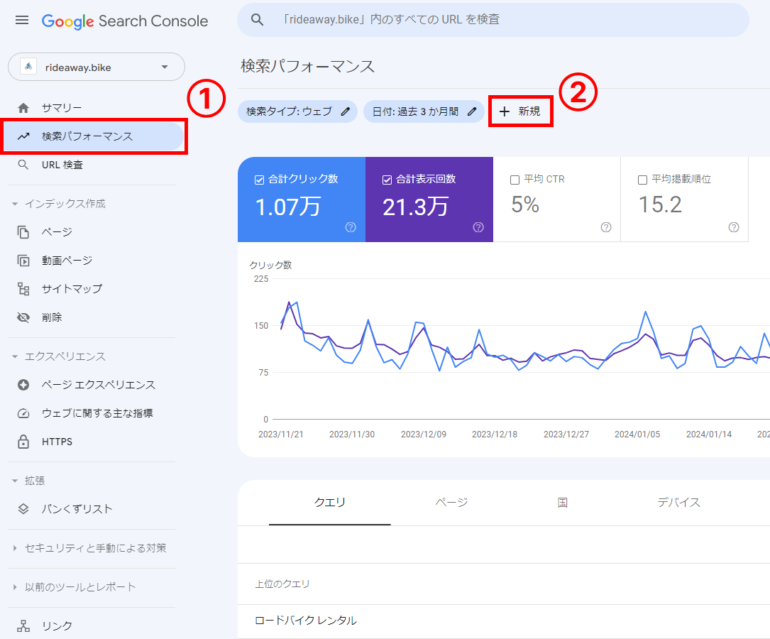 Googleサーチコンソールのサイトバーの「検索パフォーマンス」>「＋新規」ボタン>「国」