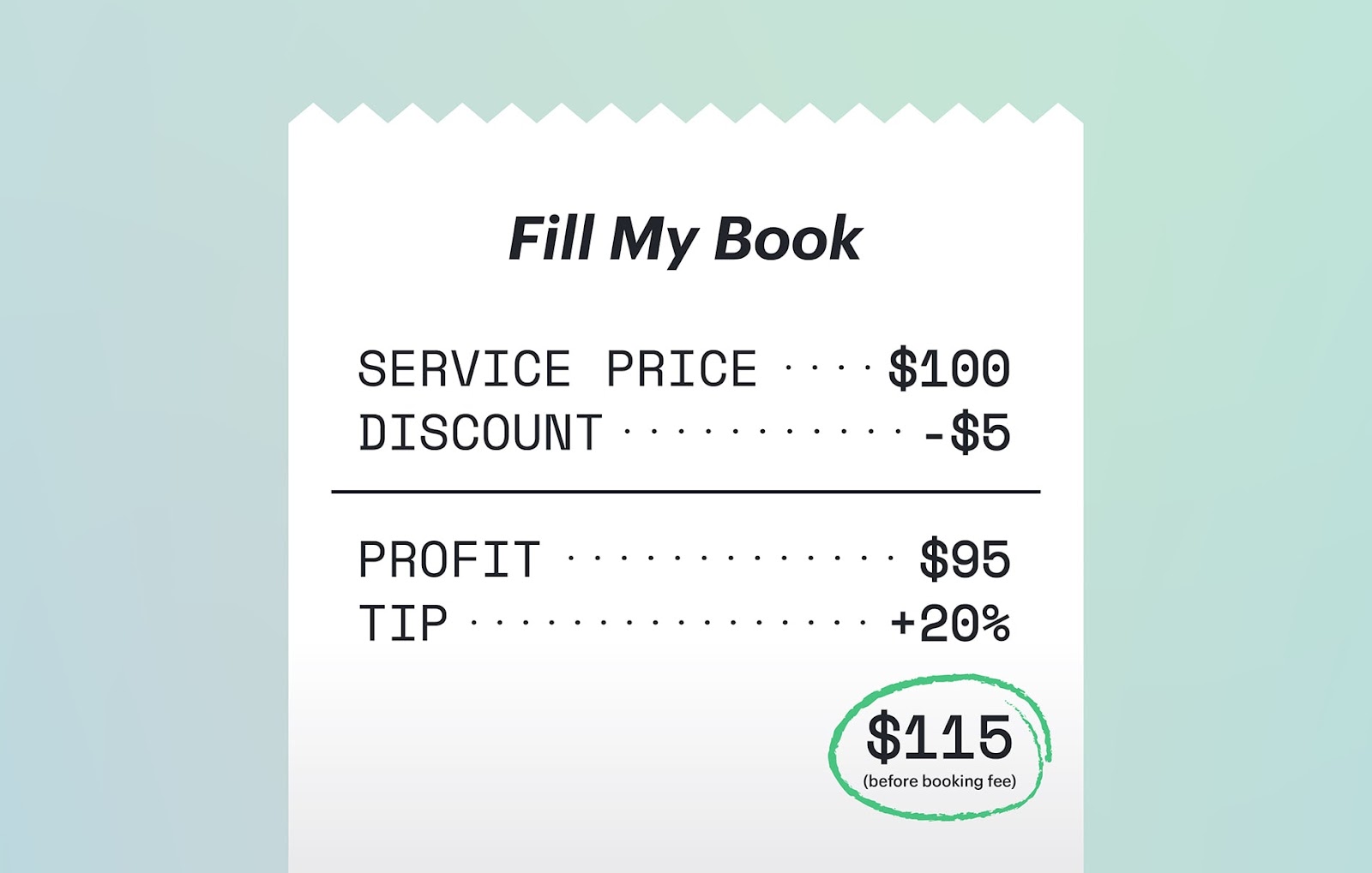 Image of a mock receipt showing earnings with a Fill My Book booking.
