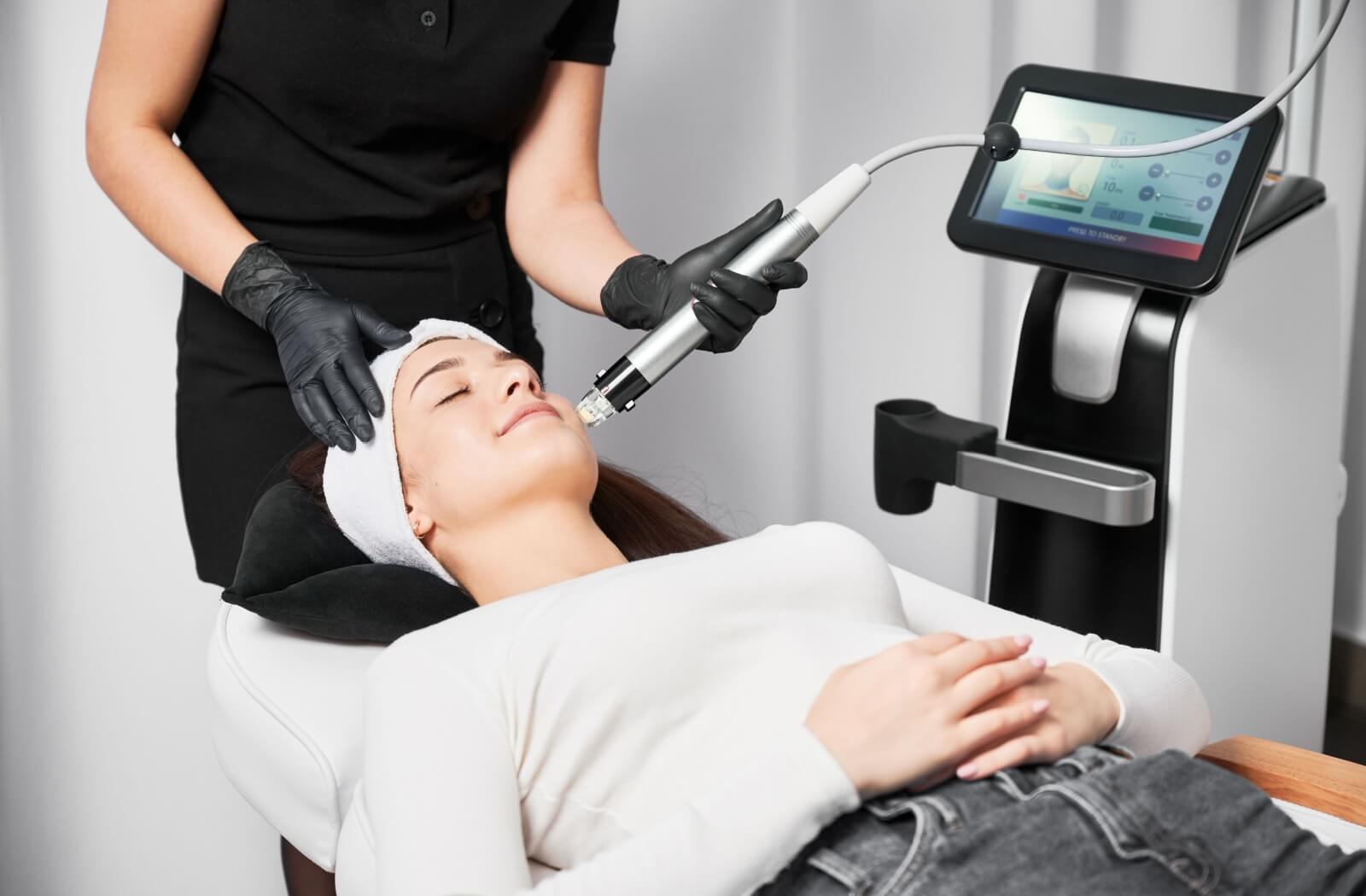 A skin care professional using radiofrequency microneedling to treat a female patient's face