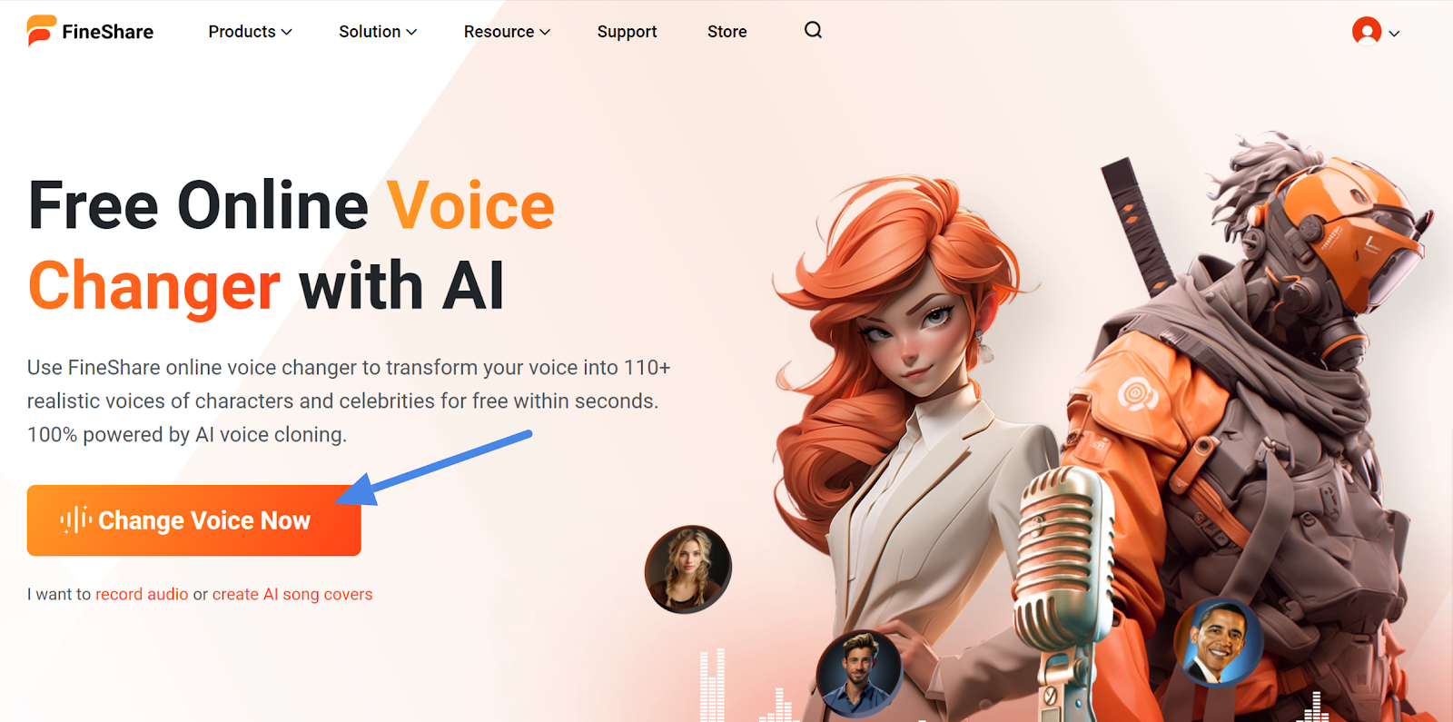 The FineShare free online voice changer with AI landing page.