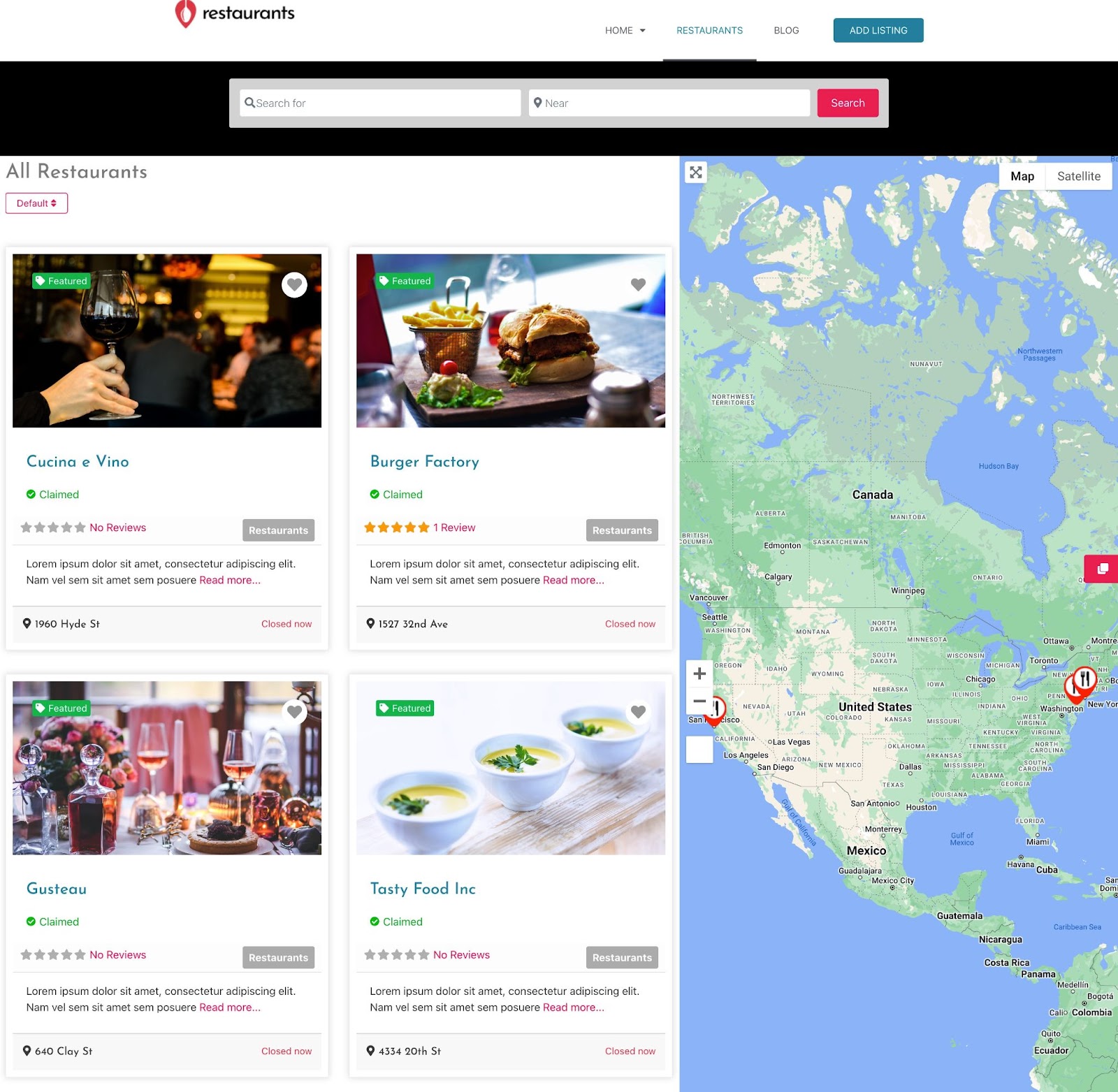 A WordPress directory plugin example of a restaurant directory