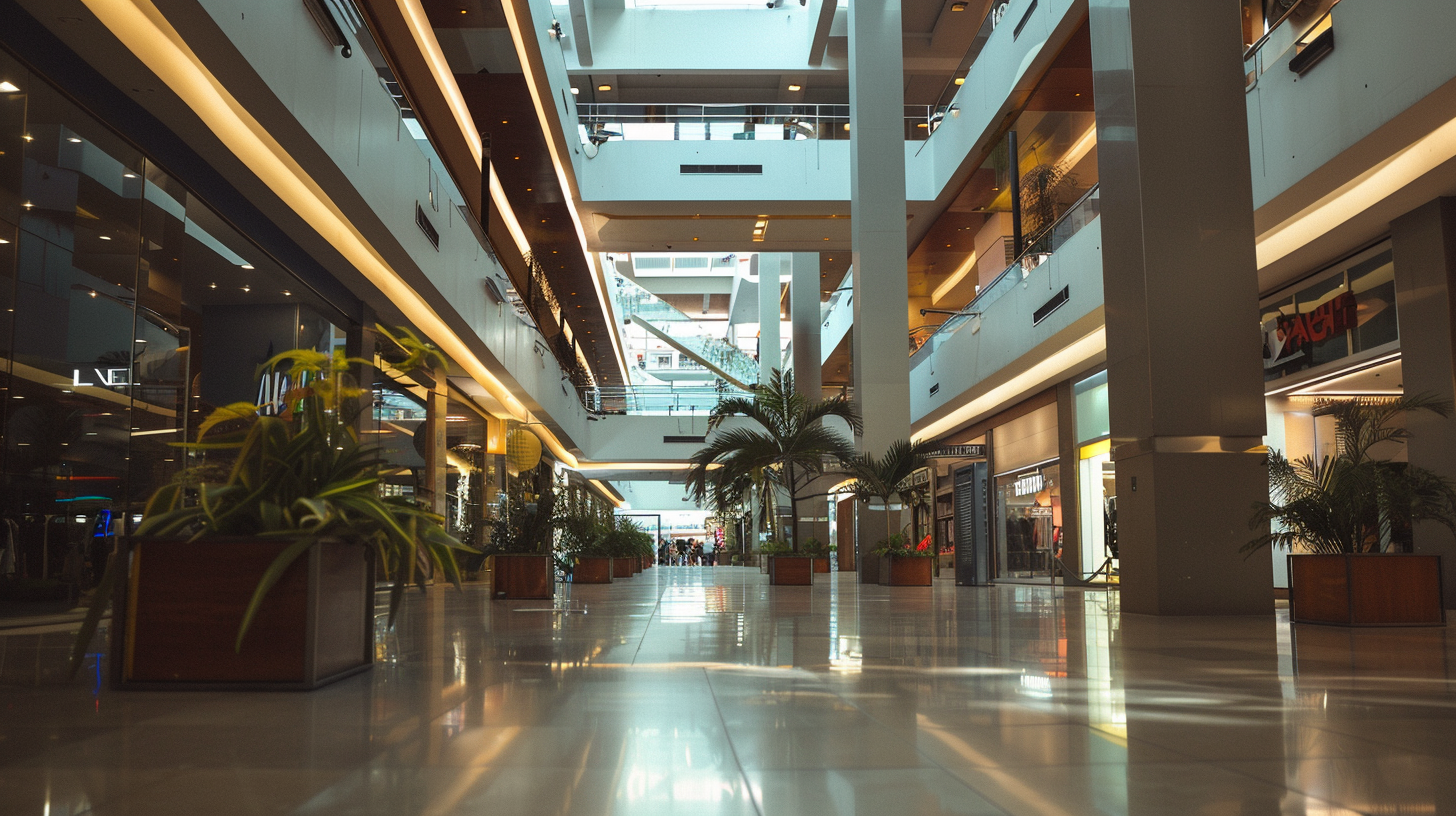 The ground floor of a shopping mall in  with plant boxes