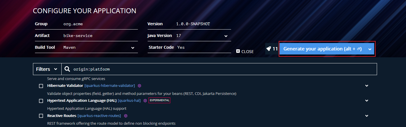 Screenshot of the "Configure your Application Page" in the Quarkus application.