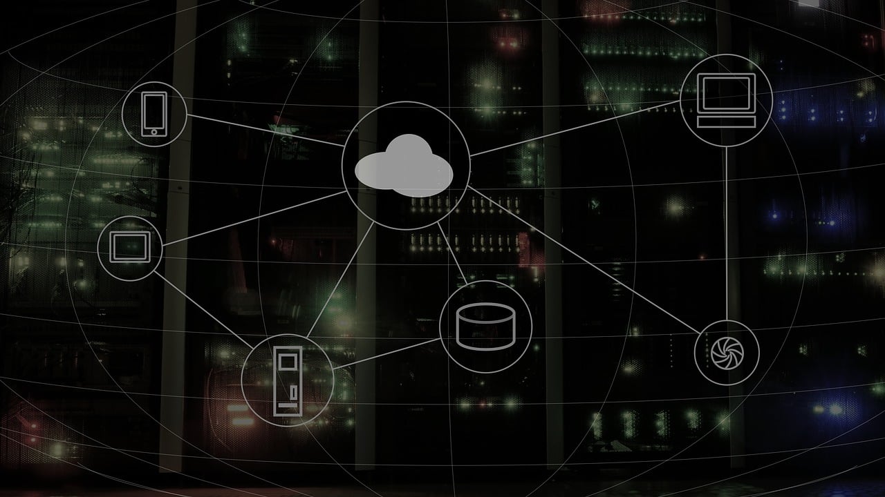 A digital illustration of a network with connected devices and a central cloud symbol, set against a backdrop of glowing server racks.