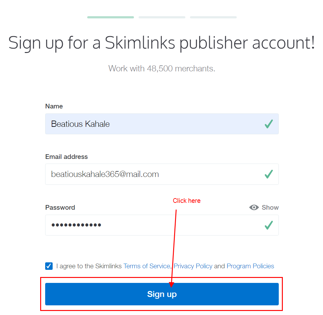 Skimlinks sign up process step 1