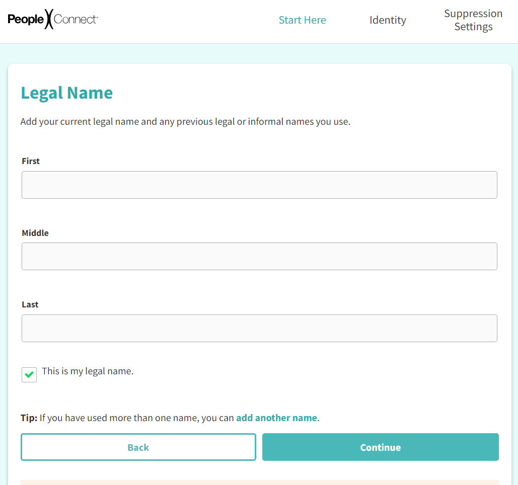 Screenshot of Legal Name section on PeopleConnect