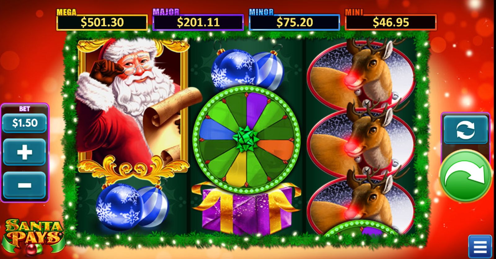 A screenshot of a slot game with Santa and reindeers.