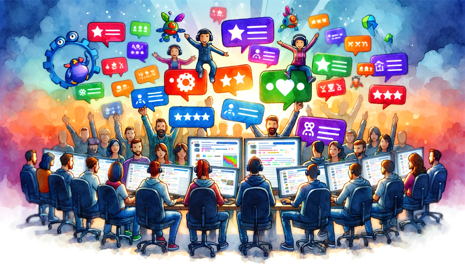 game developers reviewing feedback from a vibrant online community. It features a team of developers at their computers, engaging with colorful avatars representing community members.