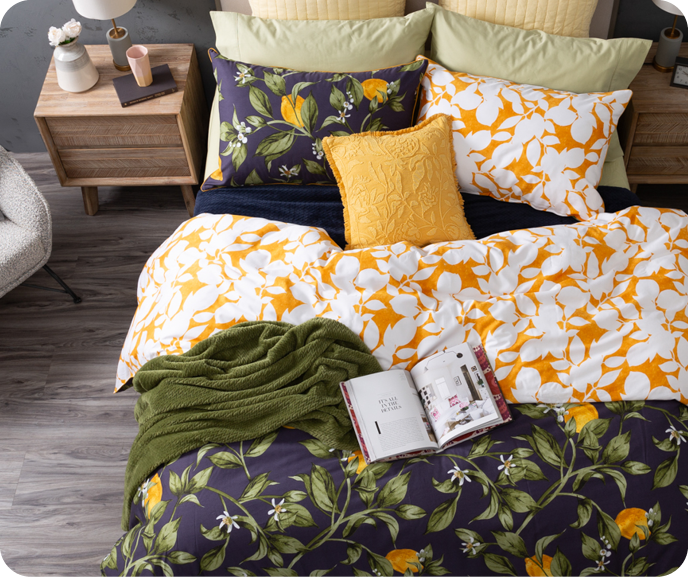 Our Botanical Duvet Cover Catarina shown on a bed from a top down angle.