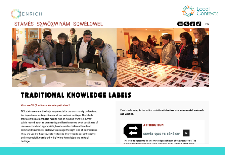 Screenshot from the Sq’éwlets website showing a page “Traditional Knowledge Labels.” Two images featuring Sq’éwlets community members are at the top of the page. Below is a paragraph with more information about the TK Labels. To the right of the text is a button to play an audio recording of the customized TK Attribution Label in the traditional Sq’éwlets language. 