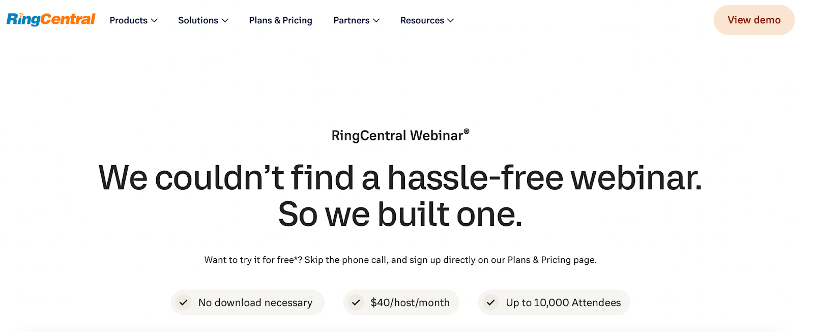 Screenshot of RingCentral homepage