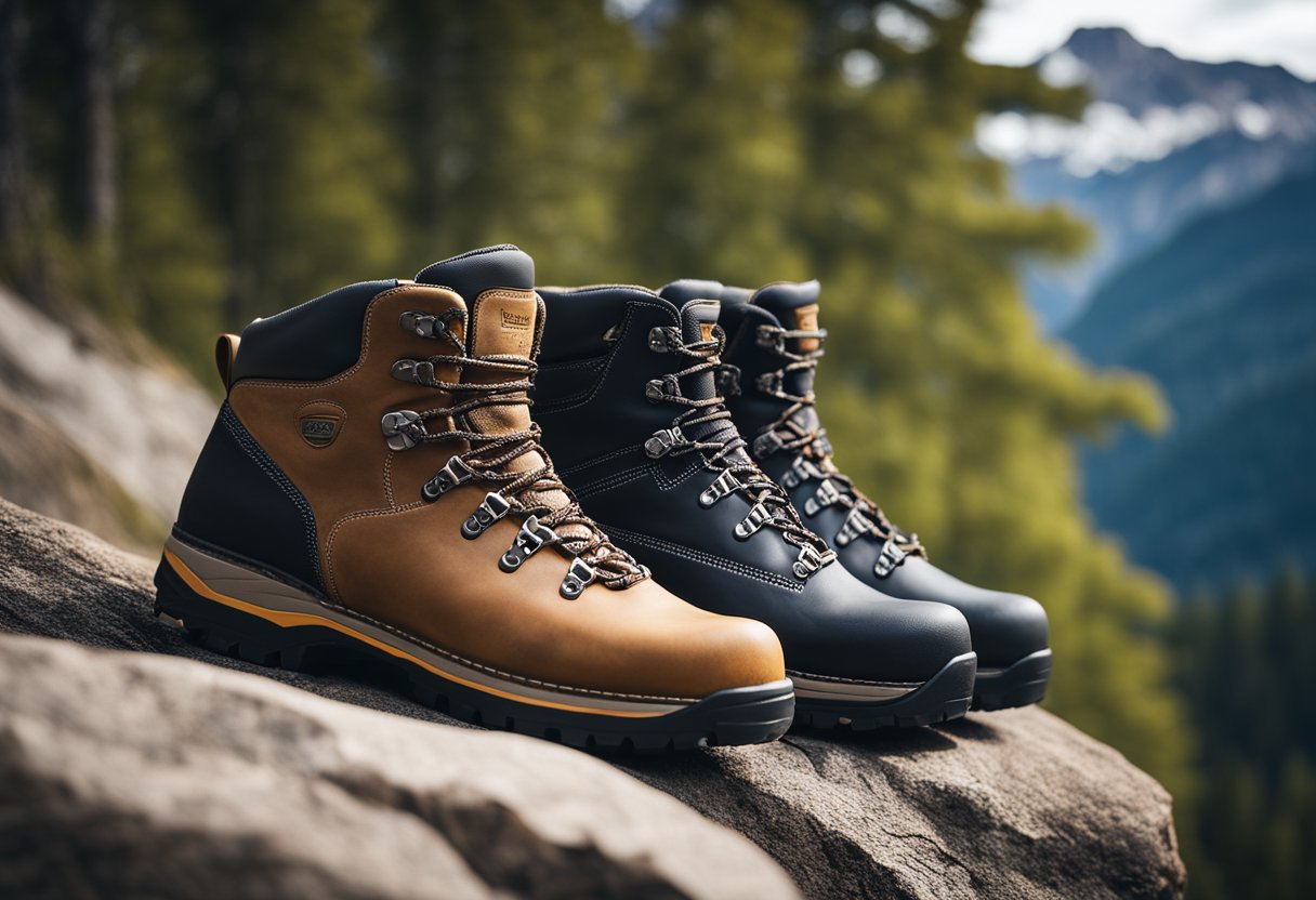 Several popular hiking boot models arranged on a rocky trail with trees and mountains in the background