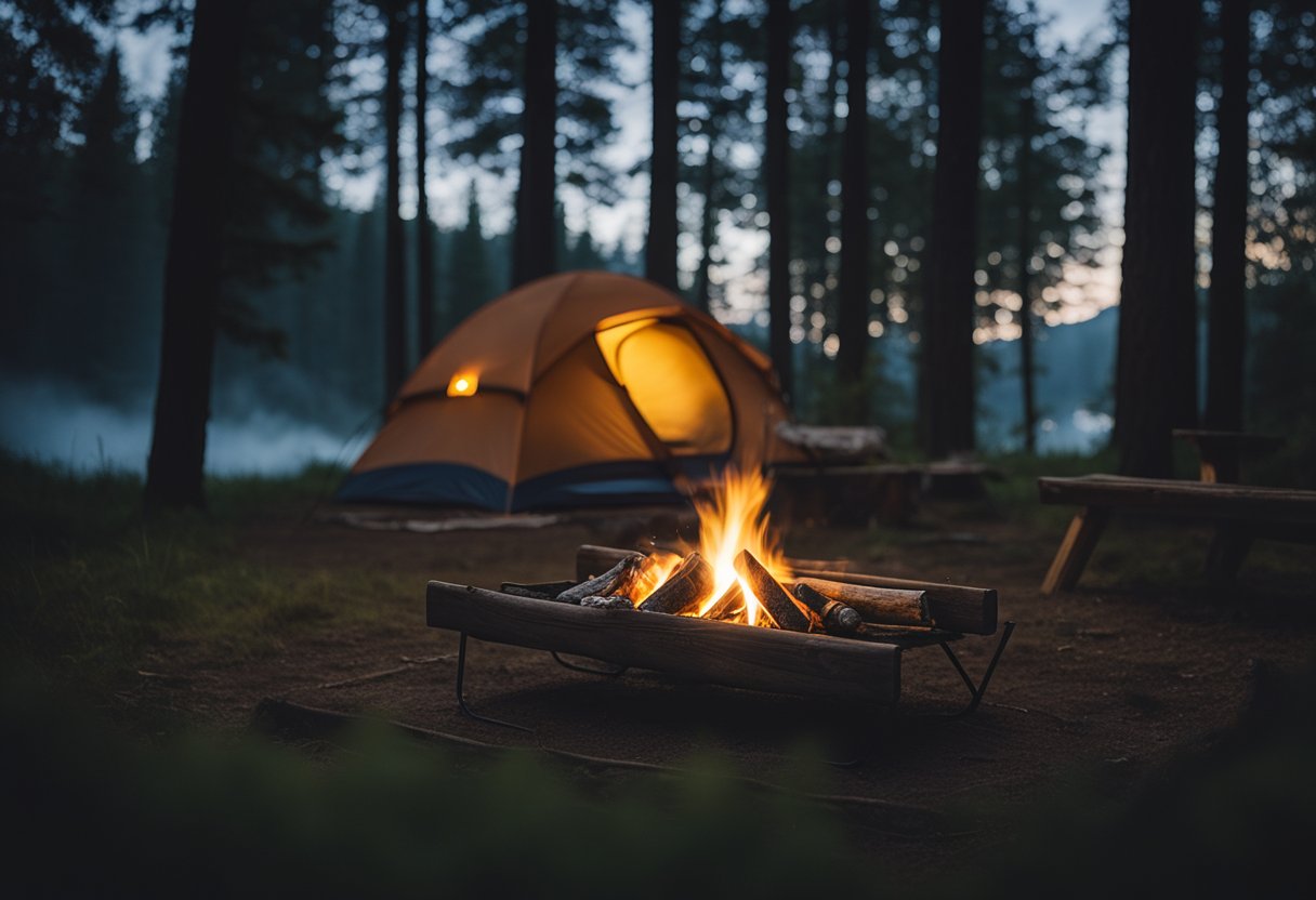 A camping cot set up under a starry sky, surrounded by a glowing campfire and a peaceful forest backdrop