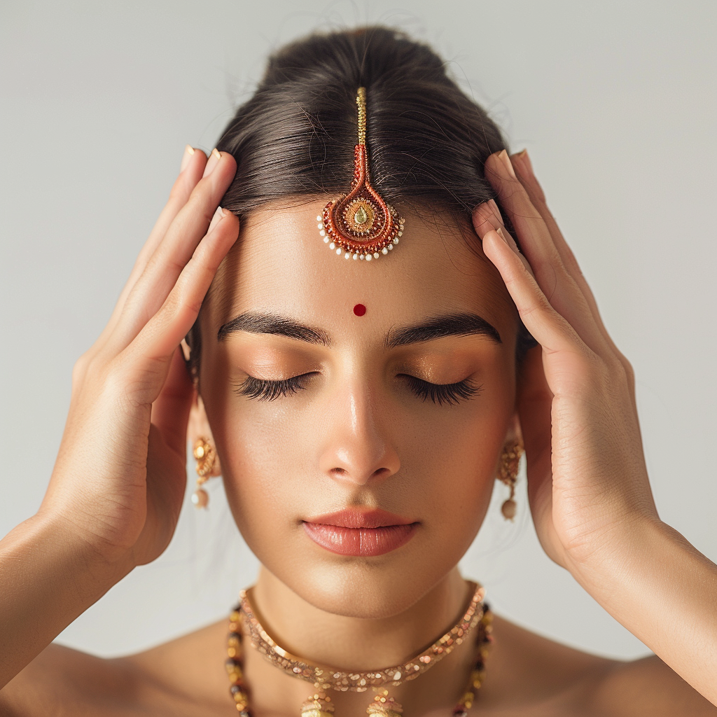 Young indian woman giving herself a relaxing, ayurvedic scalp massage focusing on her marma points