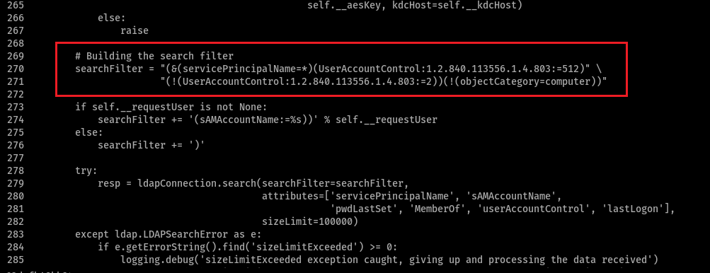 Examining the code within Impacket’s GetUserSPNs.py we see the following LDAP query used for a search filter screenshot by white oak security 