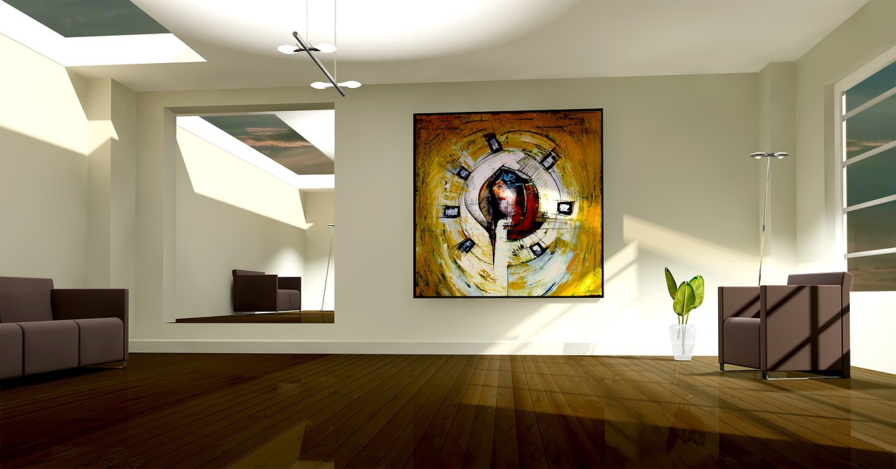 a single, centered gallery art print of an abstract portrait against a white wall in a spacious room