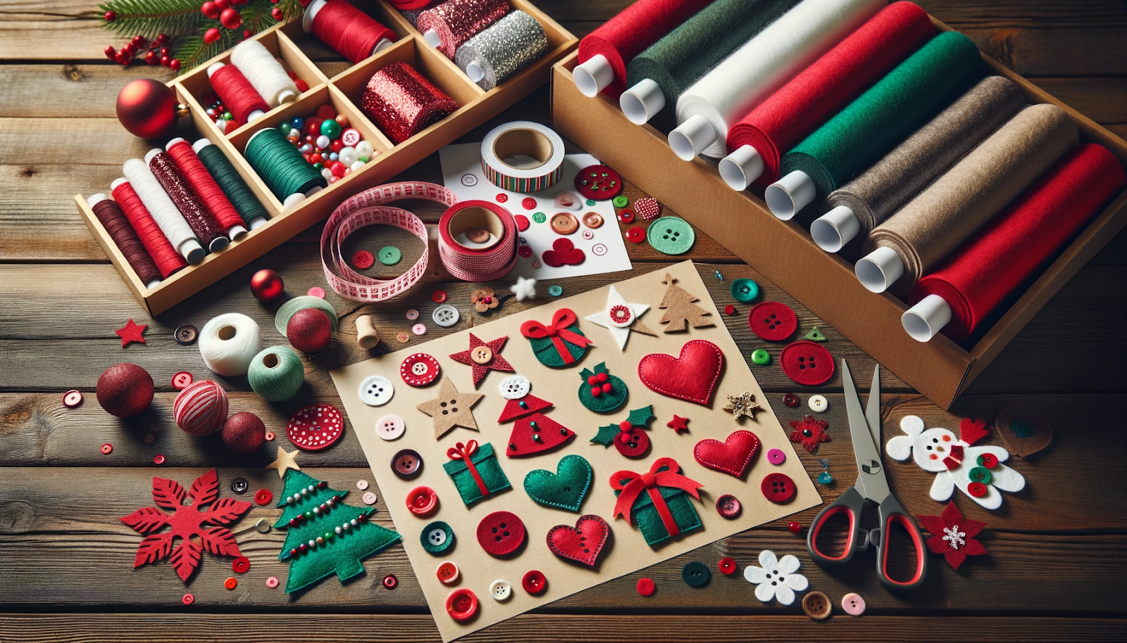 uma estação de artesanato dedicada à criação de decorações de Natal em feltro.
