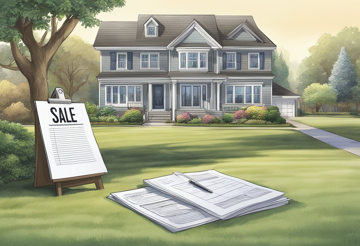 A house with a "For Sale" sign in the front yard, surrounded by a well-maintained lawn and landscaping. A stack of legal and financial documents sits on a table inside the house
