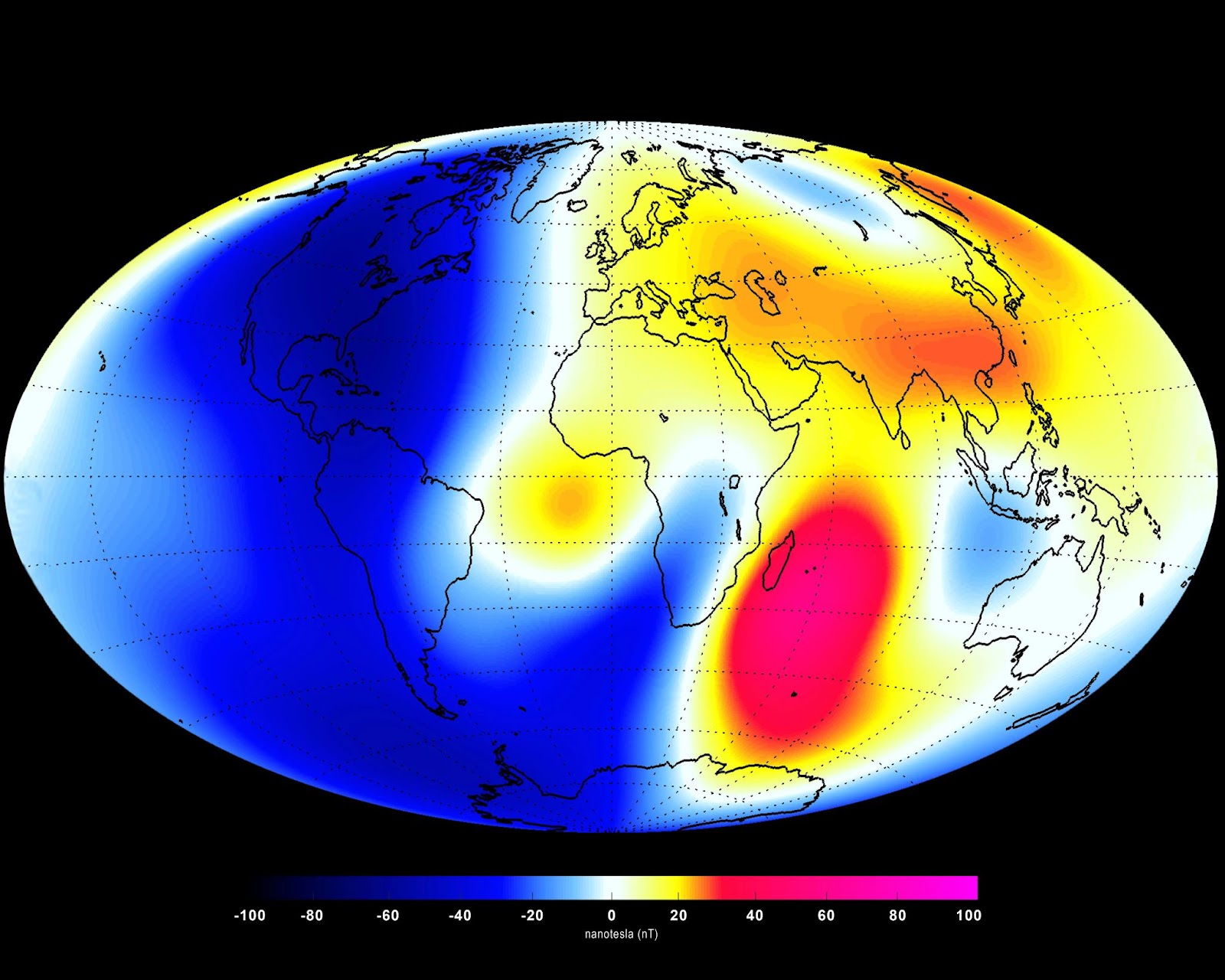 A heat map of Earth. A scale at the bottom in nanotesla, a unit of measurement for magnetic fields, denotes blue as areas where the magnetic field weakened and red as areas where the magnetic field strengthened. Madagascar and the Indian Ocean in dark red. China is light red and Asia as a whole is yellow. North and South America in dark blue. The rest of the map is white.