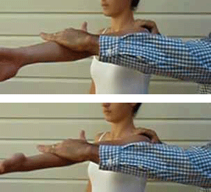 Figure 5. The Active compression (O'Brien) test for ACJ 
pathology. Testing in internal and external rotation. The 
clinician stands behind or to the affected side of the 
patient. The affected arm is flexed to 90 degrees with the 
elbow fully extended, the arm is then adducted about 15 
degrees medial to the sagittal plane. The arm is internally 
rotated so that the thumb points to the floor, the patient 
then resists the downward force applied by the clinician. 
Maintaining the arm in the same position, the patient then 
supinates the arm so as the palm is facing upward and 
resisting another downward force. The test is positive and 
diagnostic of ACJ pathology if pain is elicited over the 
ACJ or on top of the shoulder in the thumb down position 
and reduced or eliminated in the palm up position