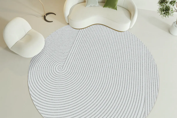 Small, round white polyester fabric with grey geometric lines.