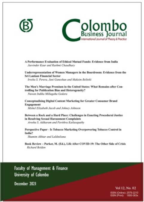 An image of the cover of an issue of the Colombo Business Journal, showing the journal name, its logog and a table of contents.