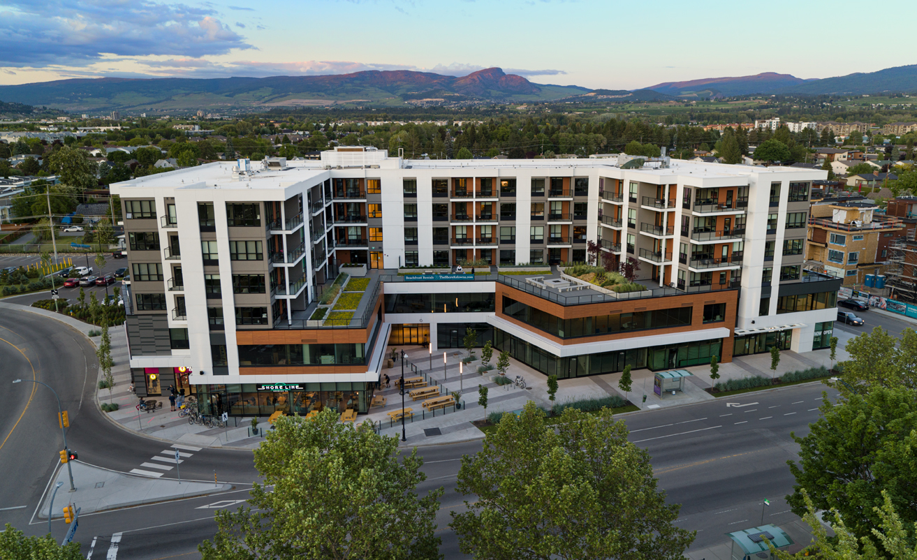 An arial shot of the Shore Kelowna taken from above Lakeshore Drive. 