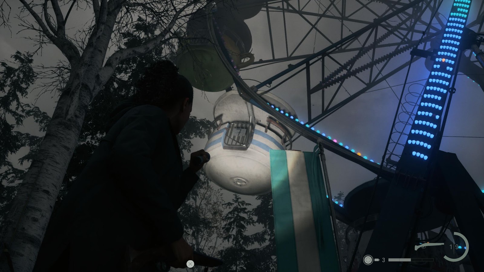 An in game screenshot of the Slow Roaster Ferris wheel in Coffee World from Alan Wake II. 