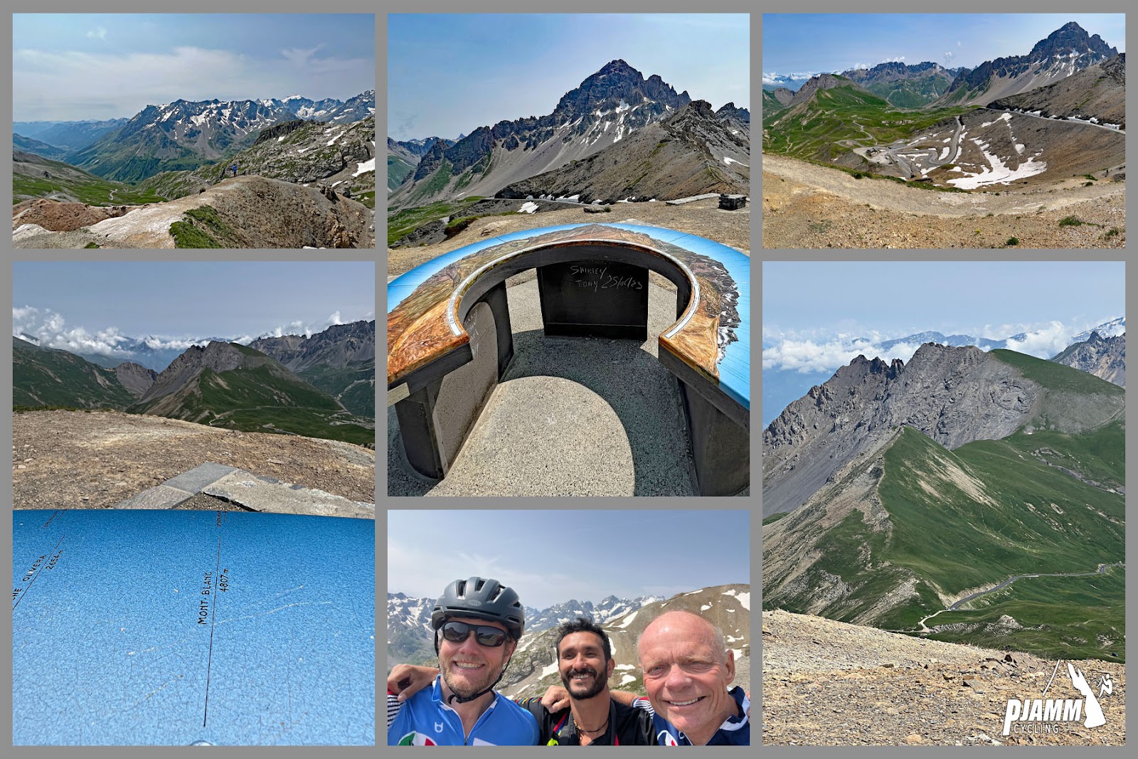 Cycling Col du Galibier from Valloire: photo collage shows lookout point and vista views just passed climb finish