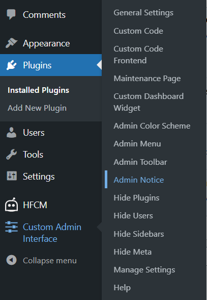 Admin Notices plugin setting
