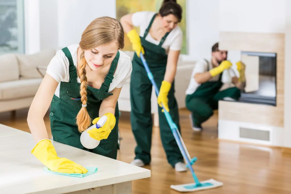 A group of people in green overalls cleaning a room

Description automatically generated