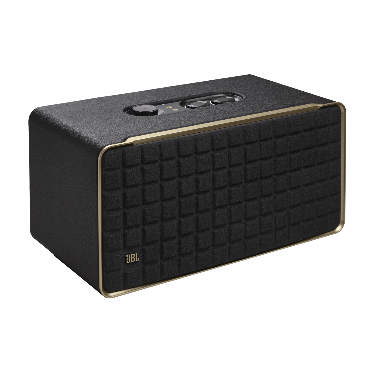 A black rectangular speaker with buttons Description automatically generated