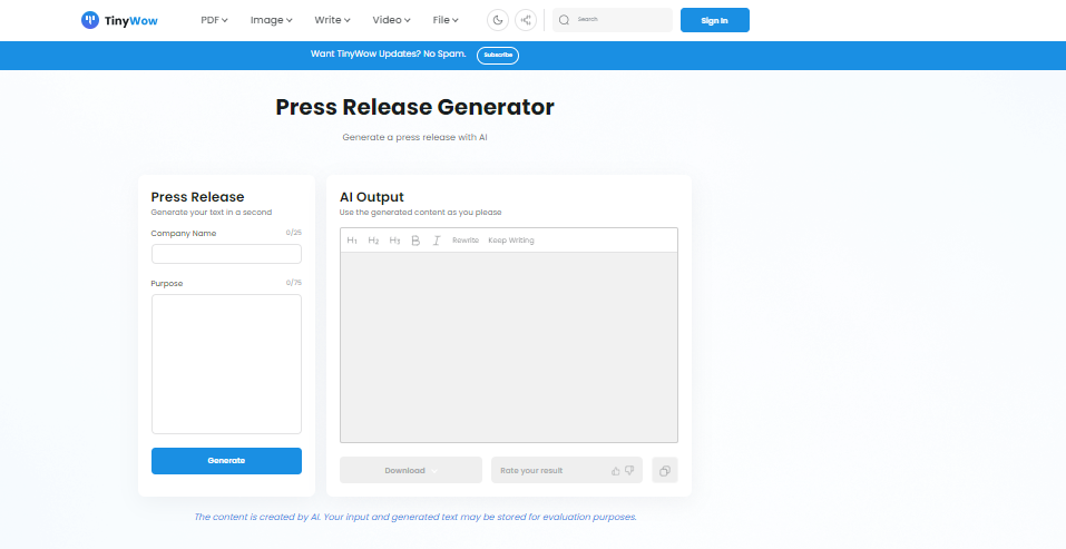 TinyWow's AI Press Release Generator