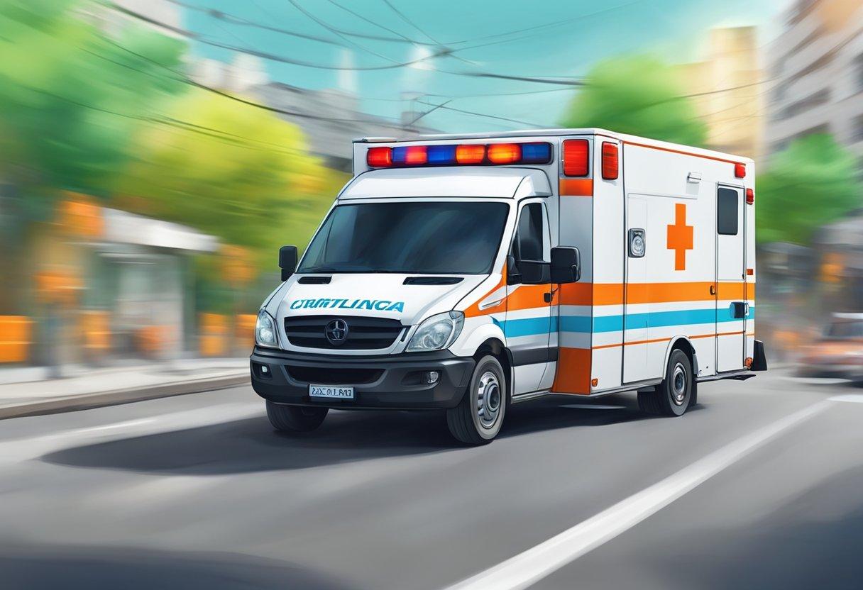 An ambulance speeding through the streets of Curitiba, lights flashing and siren blaring, rushing to an emergency or urgent situation