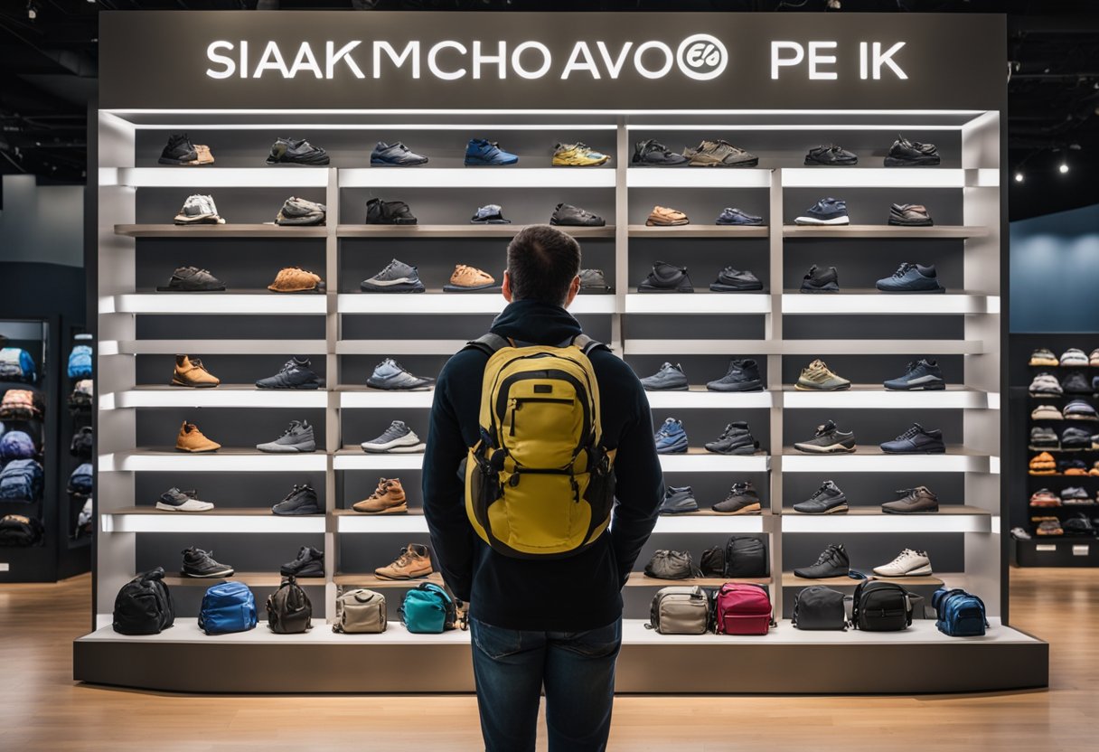 A hiker standing in front of a display of various backpacks, carefully examining the size, weight, and features of each one