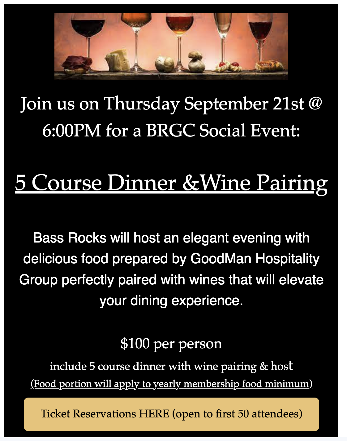 Bass Rocks Golf Club dinner and wine event invite. 