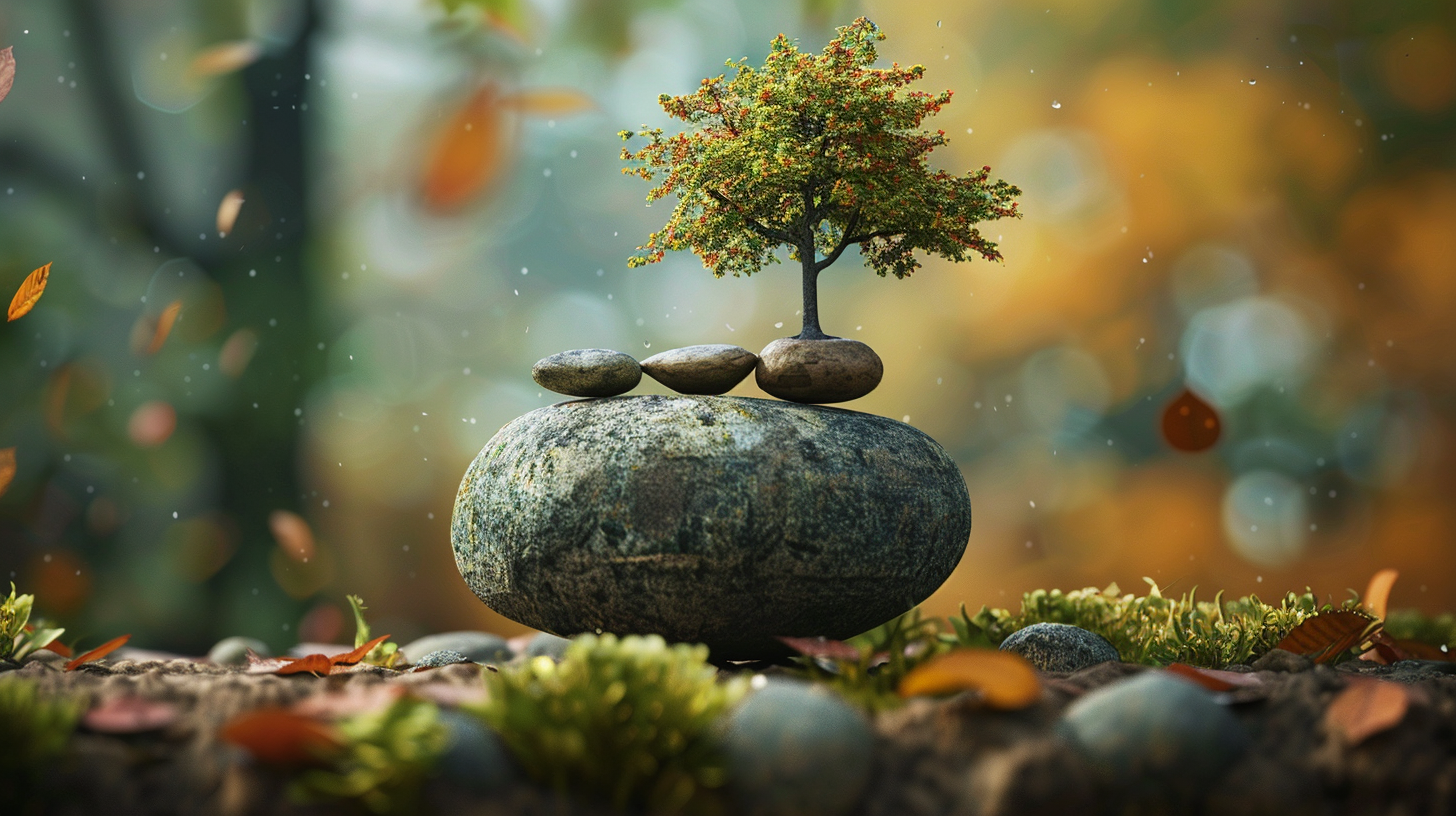 An image of a miniature tree balanced on a rock. Signifying Balance and Beauty.